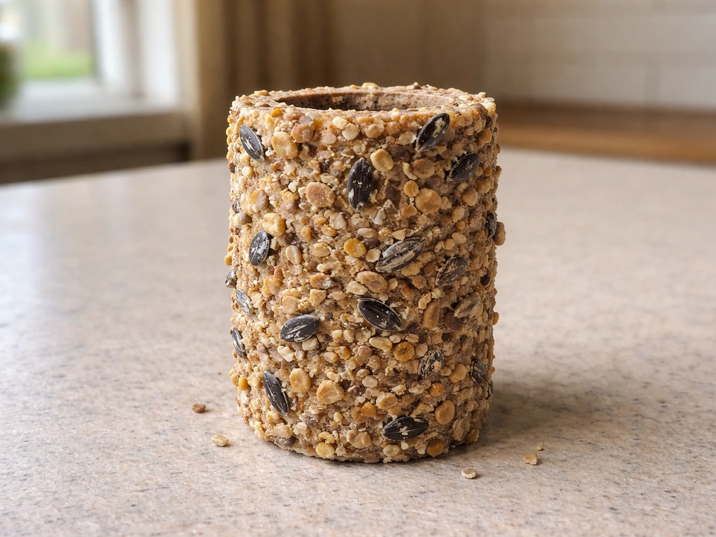 Toilet paper roll feeder coated with seed-and-fat mixture, texture and spread visible