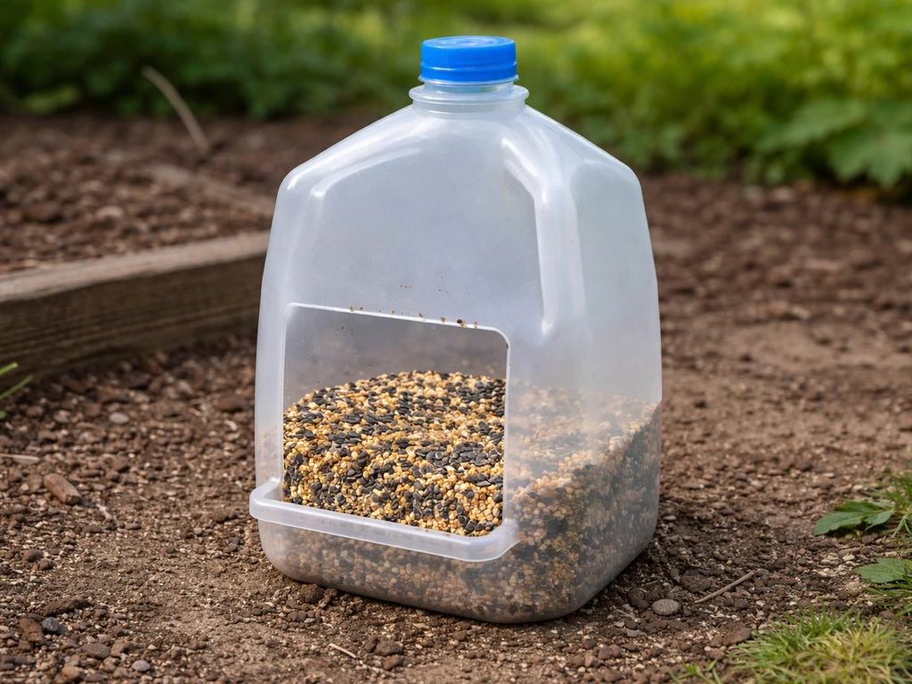 Clear gallon milk jug feeder with side opening, small holes, and bird seed visible inside outdoors.