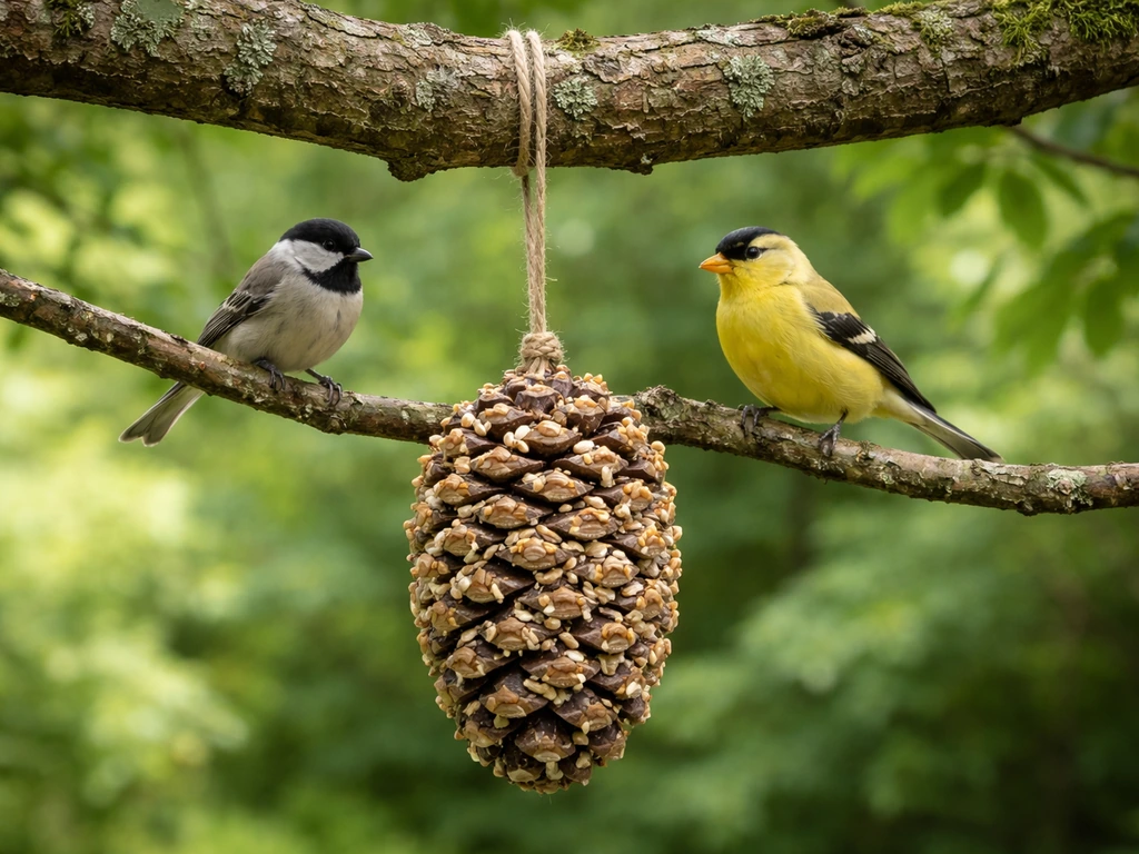 Pine cone bird feeder hanging from a tree branch with cord visible and small songbirds nearby