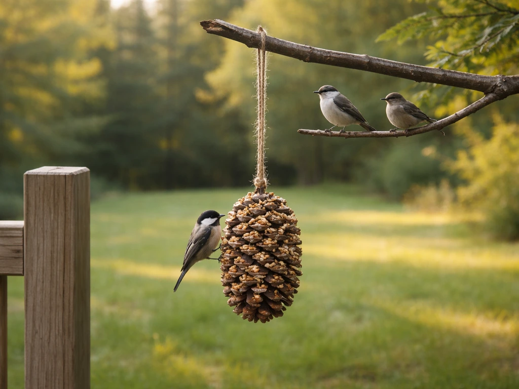 Pine cone feeder hanging about 5 feet high with a visible ground reference and small birds nearby.