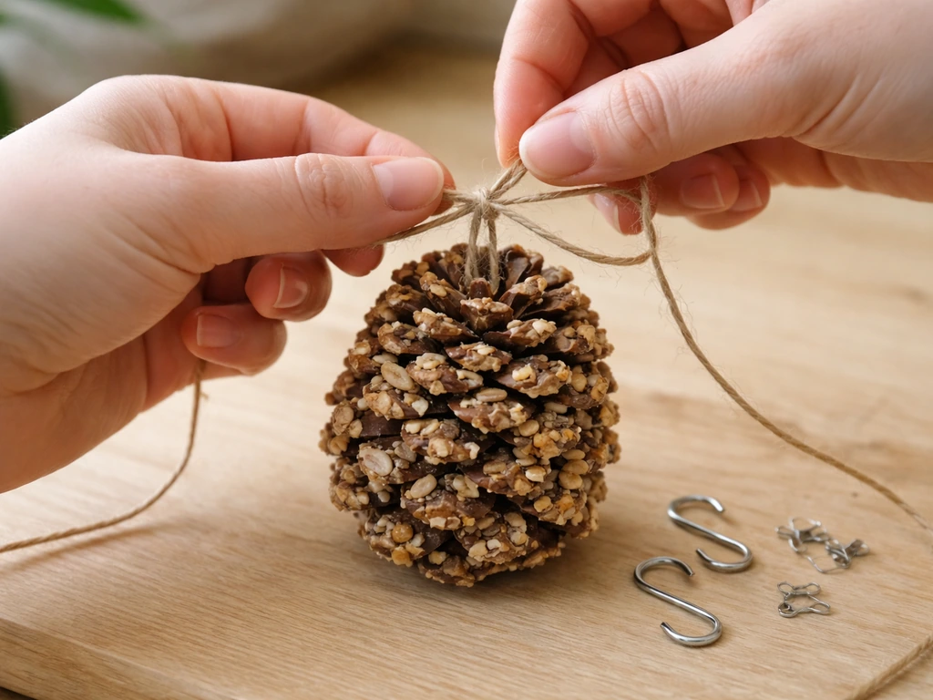 Close-up of tying jute twine and attaching S-hook hardware to a pine cone bird feeder