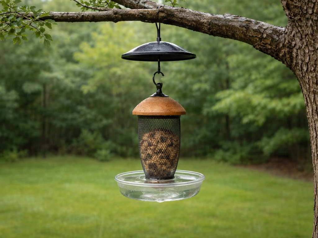 Hanging bird feeder with ant moat and baffle under light rain on a quiet backyard branch.