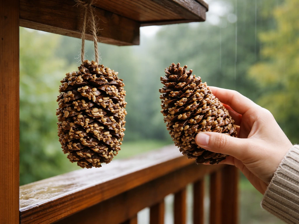A pine cone bird feeder under an overhang with a hand inspecting and keeping it dry to prevent mold.
