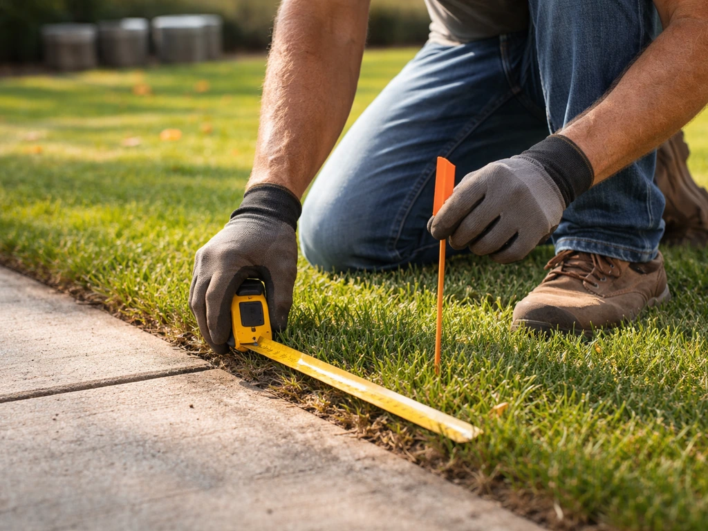 Gloved hands marking a precise yard dig spot with stakes and a measuring tape on a lawn.
