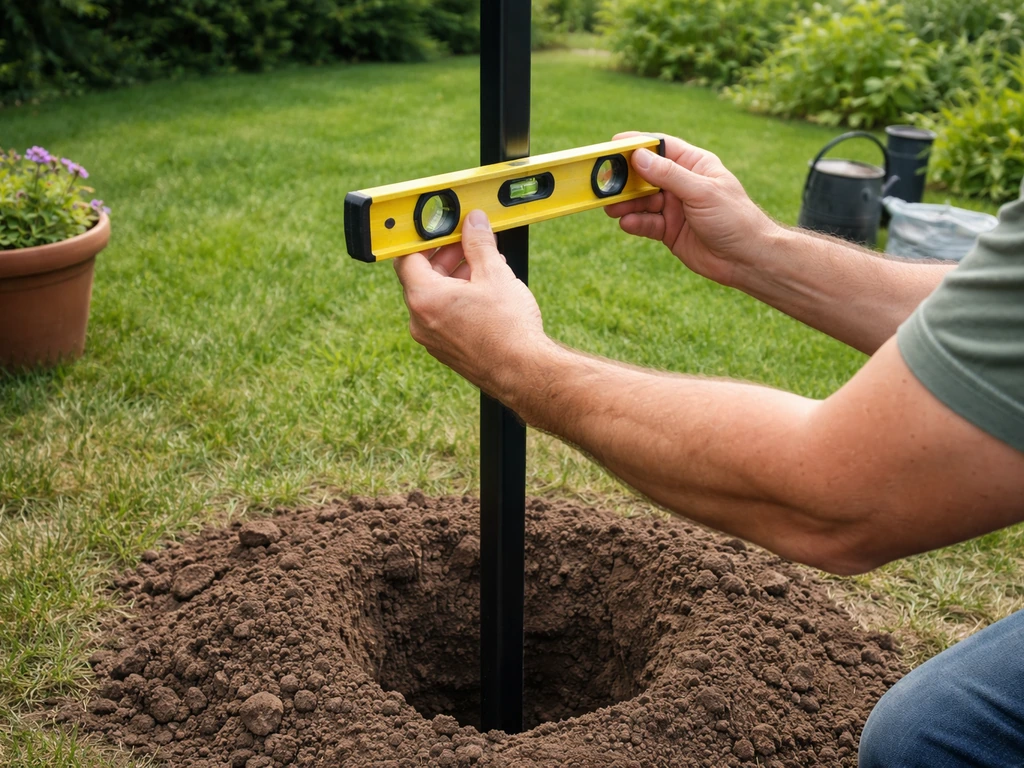 Hands leveling a bird feeder pole upright in a dug hole in a quiet yard.