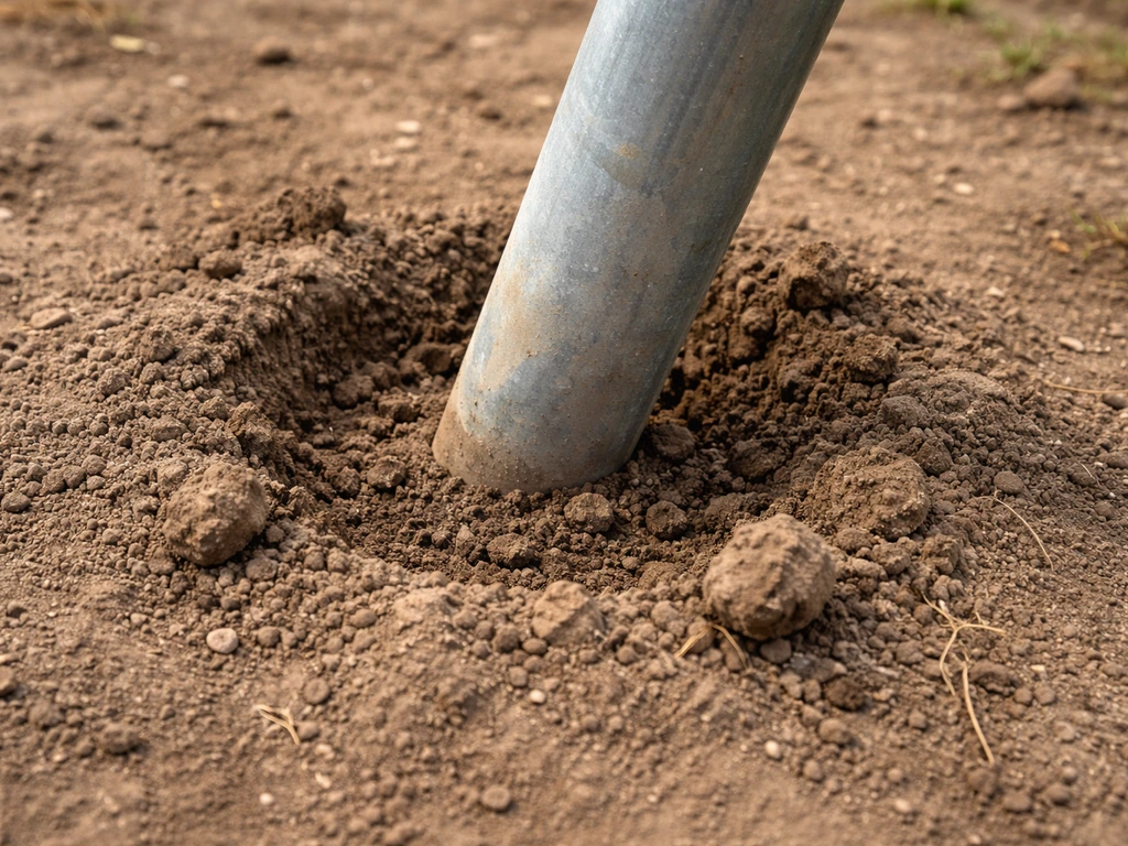 Close-up of a leaning pole base with visible gaps in the backfill, showing a wobble-prone installation