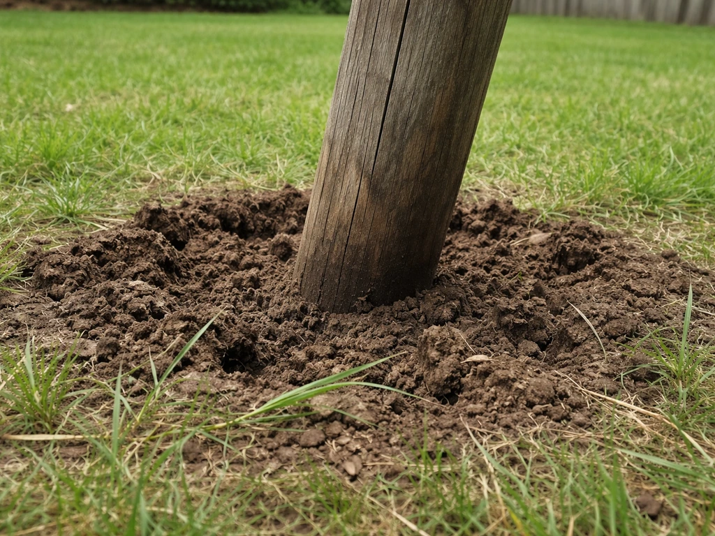 Slightly tilted yard pole with disturbed soil around its base after animal activity