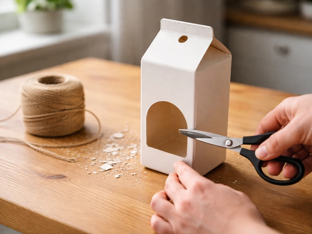 Hands cutting an opening and punching hanging holes in a milk carton bird feeder on a wooden table.