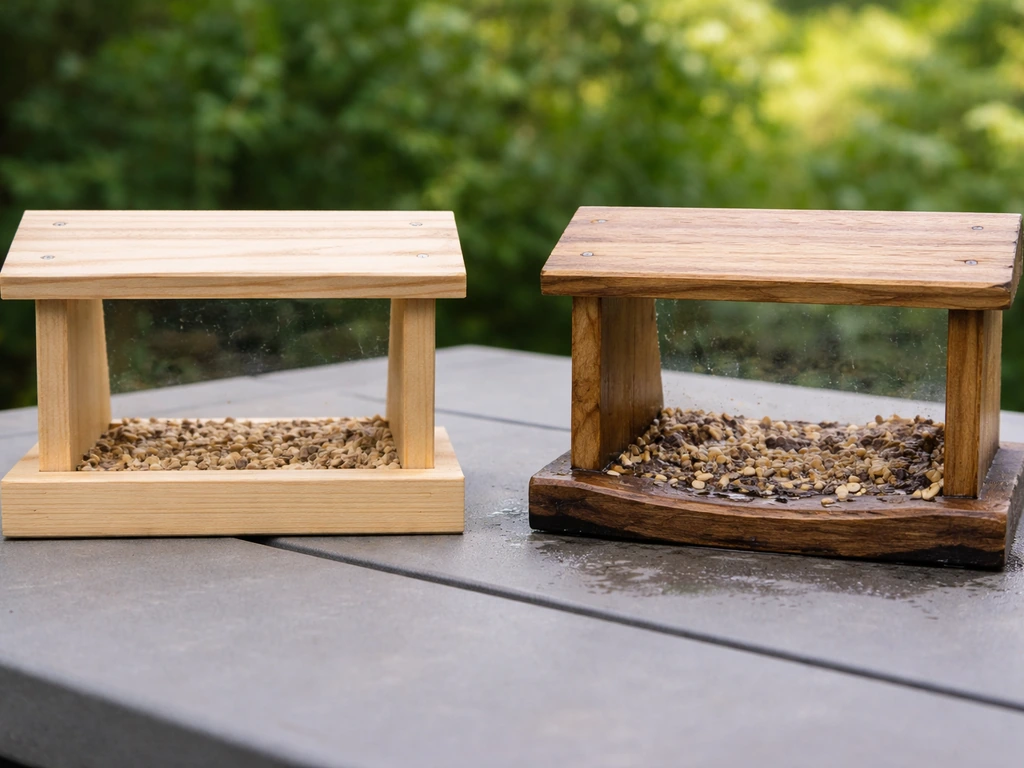 Two side-by-side wooden feeders: one dry and intact, one bowed and damp at the base.