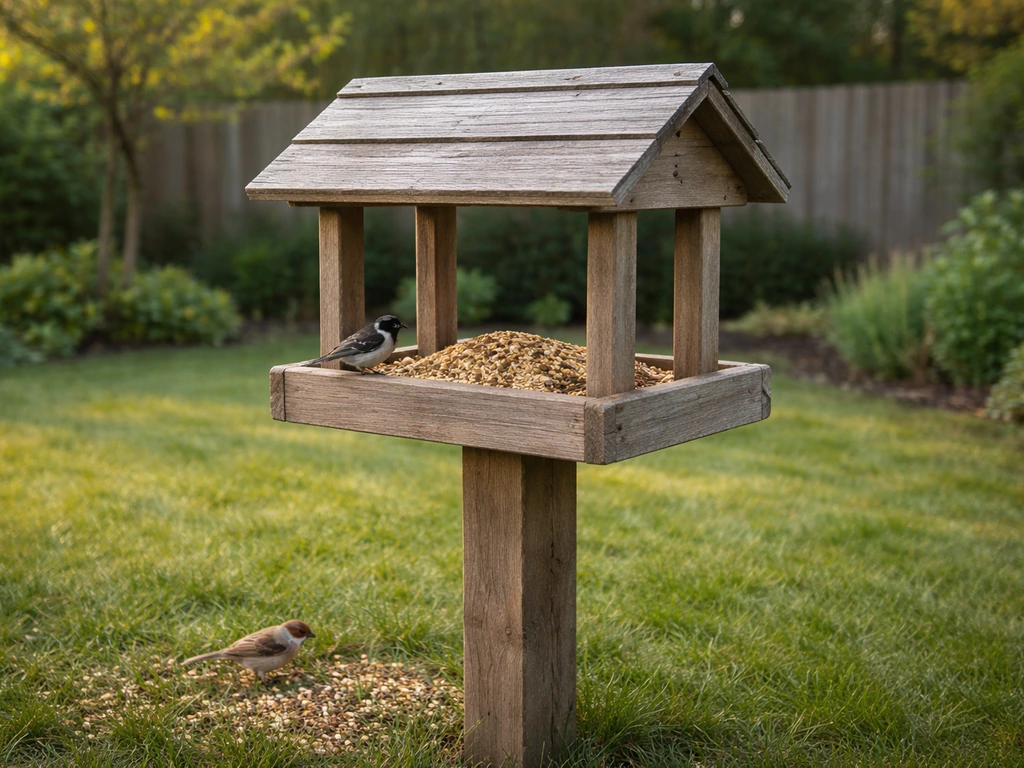 Wooden bird feeding station on a post in a backyard yard with small birds perched nearby.