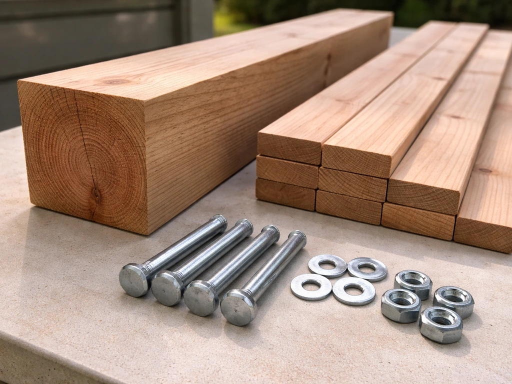 Close-up of cedar wood 4x4 post, 1x4 arm boards, and matching hardware laid on a work surface