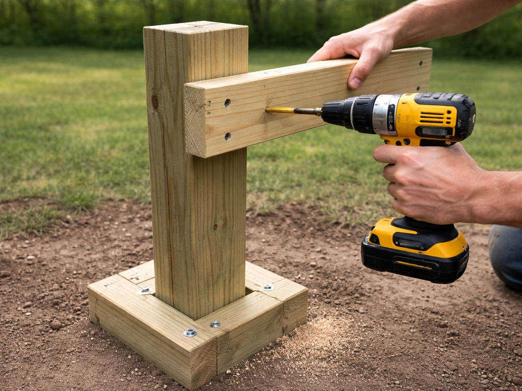 Close-up of a drill attaching a wooden arm board to a 4x4 post during a backyard build