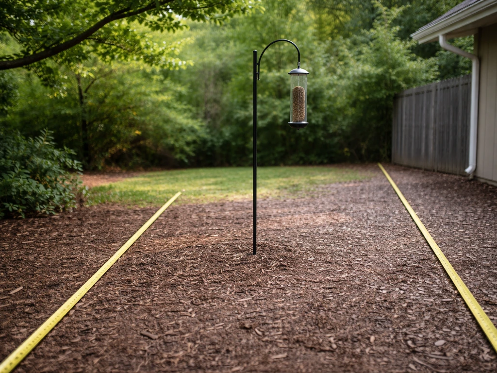 Bird feeder station positioned away from tree branches and a fence, with a measuring tape on the ground.