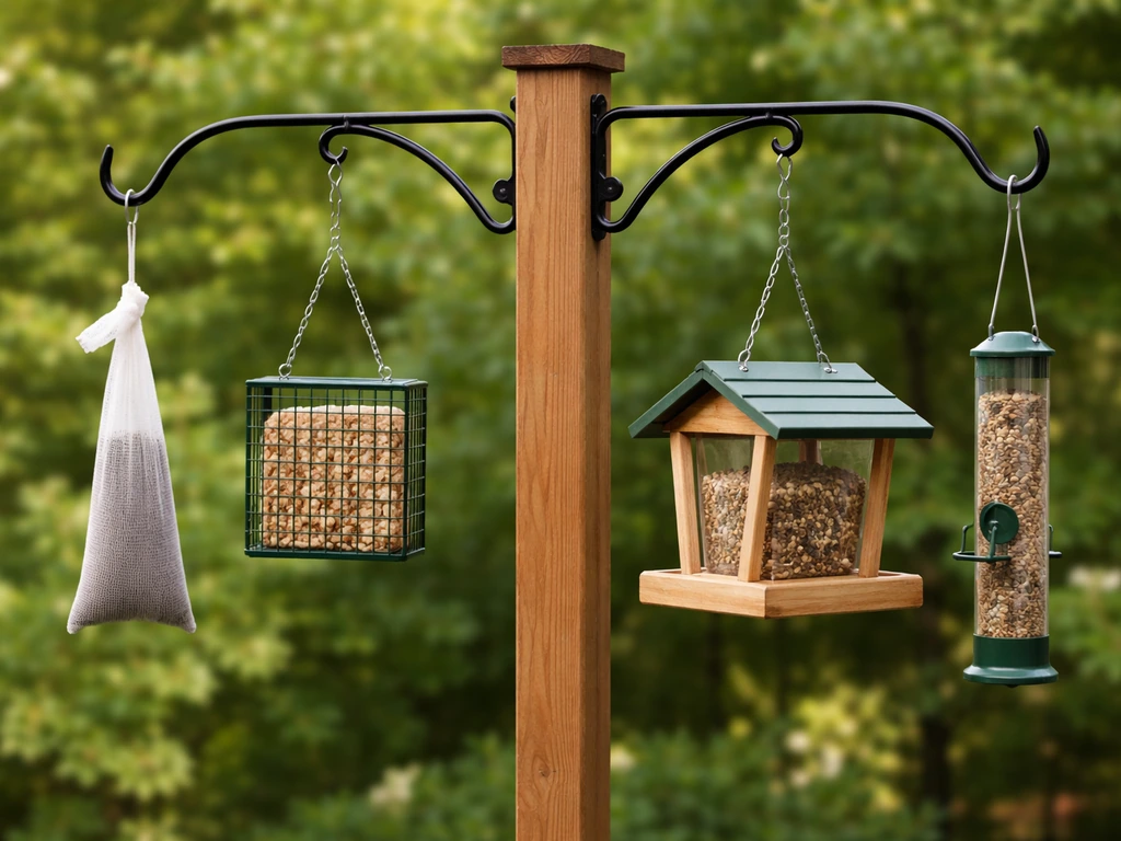 Close-up of bird feeder hooks: suet/hopper on inner hooks and nyjer sock/tube on outer ends.