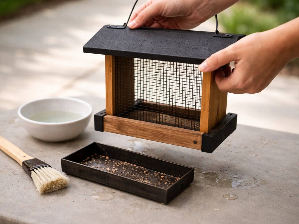 Hand removing a bird feeder for cleaning, with parts, brush, and water on a patio work surface.