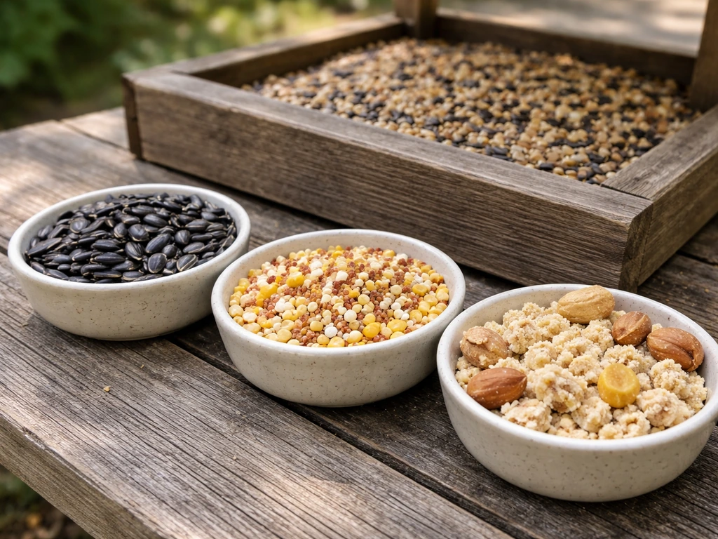 Close-up of sunflower seeds, millet/cracked corn, and suet/peanut pieces in bowls near a platform bird feeder.