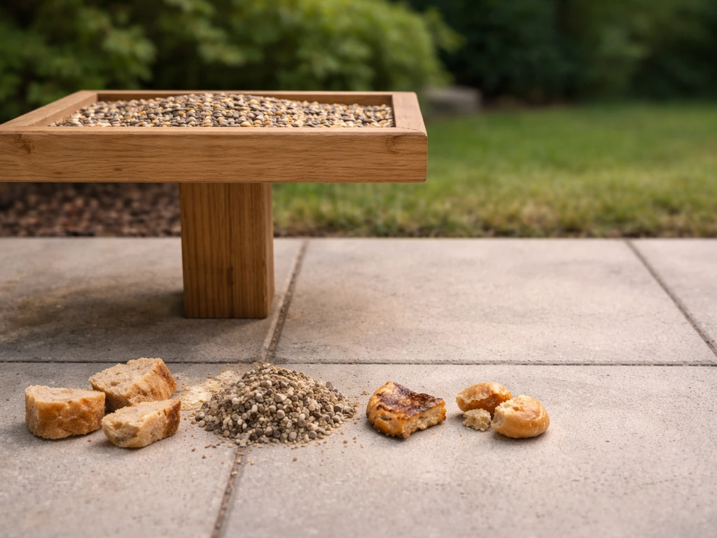 Backyard platform feeder with bread chunks and stale gray soaked seed placed beside it on a patio