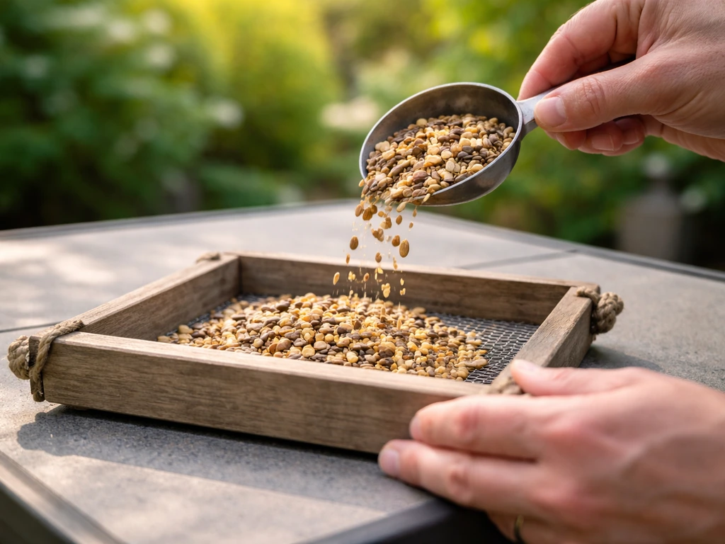 Anonymous hands measuring and pouring seed into a dry, open platform feeder tray outdoors