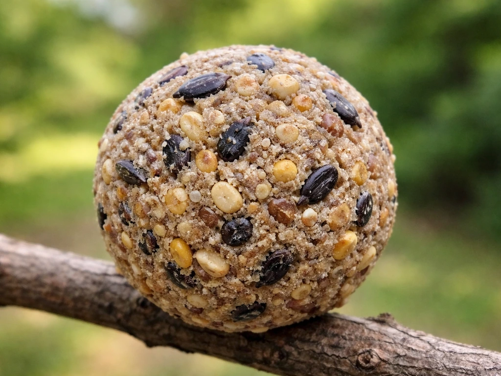 Close-up of a suet (fat) ball with visible seeds and nuts on an outdoor branch