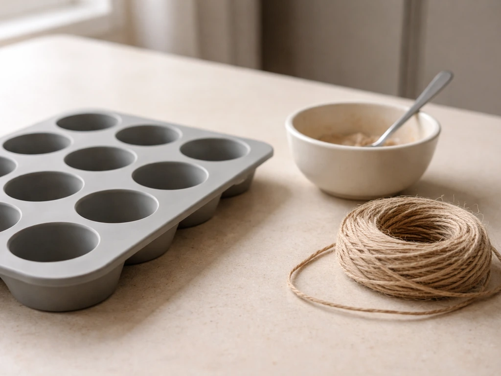 Silicone muffin tin, mixing bowl and spoon, and a coil of natural jute twine laid on a kitchen table.