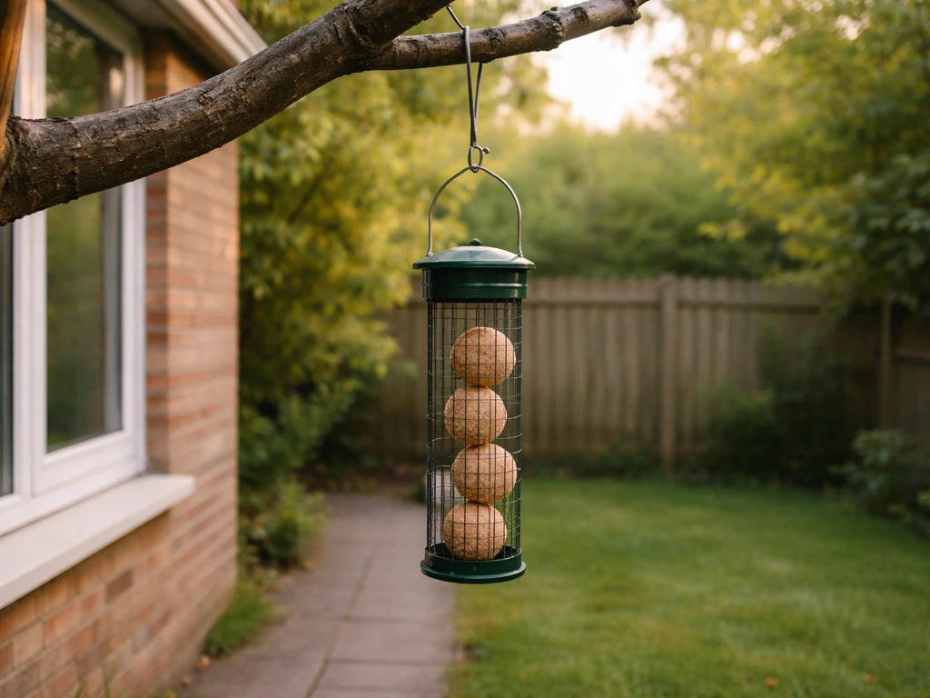 Fat ball feeder hanging at correct height from a backyard branch near a window