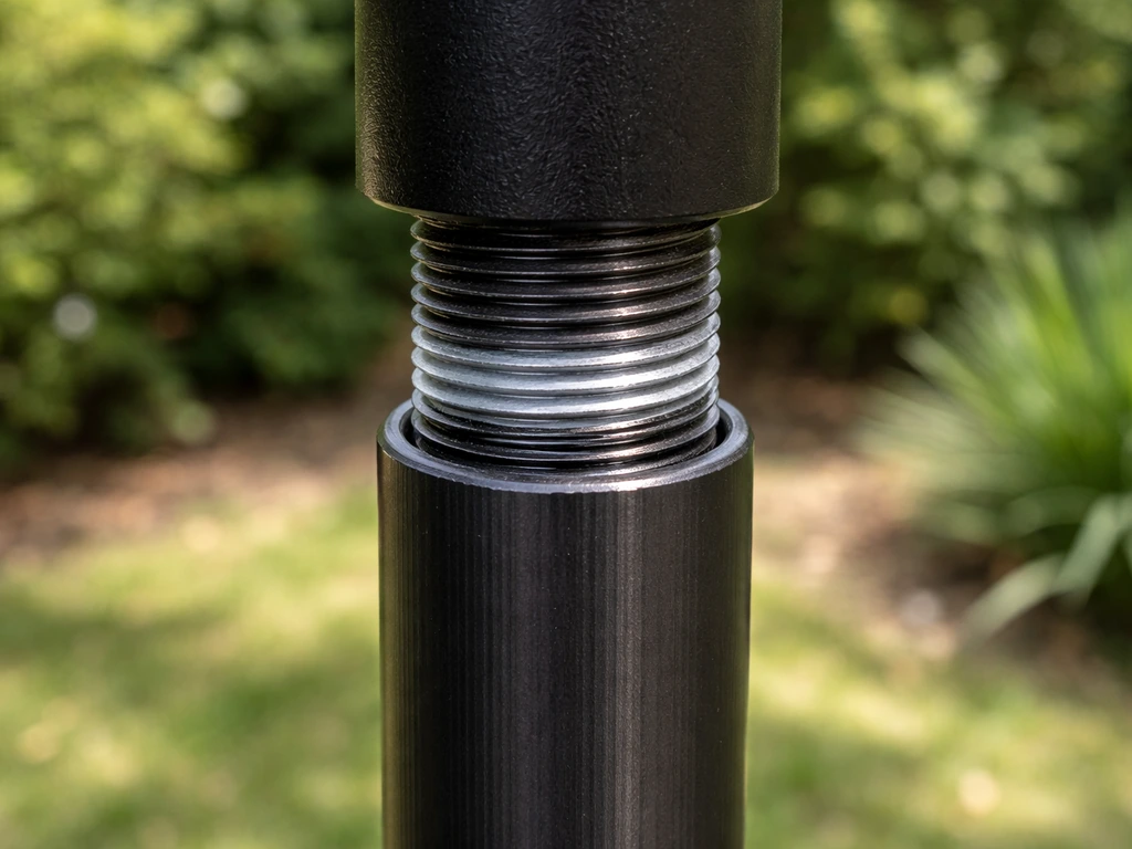 Close-up of a bird feeder pole’s top joint threads with a thin, dry PTFE-style lubricant film.
