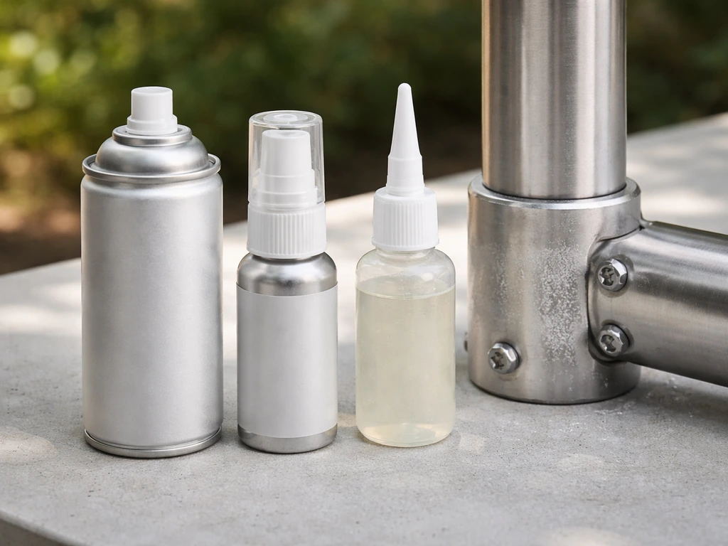 Close-up of dry PTFE spray lubricant and small weatherproof joint lubricant containers on a metal surface.