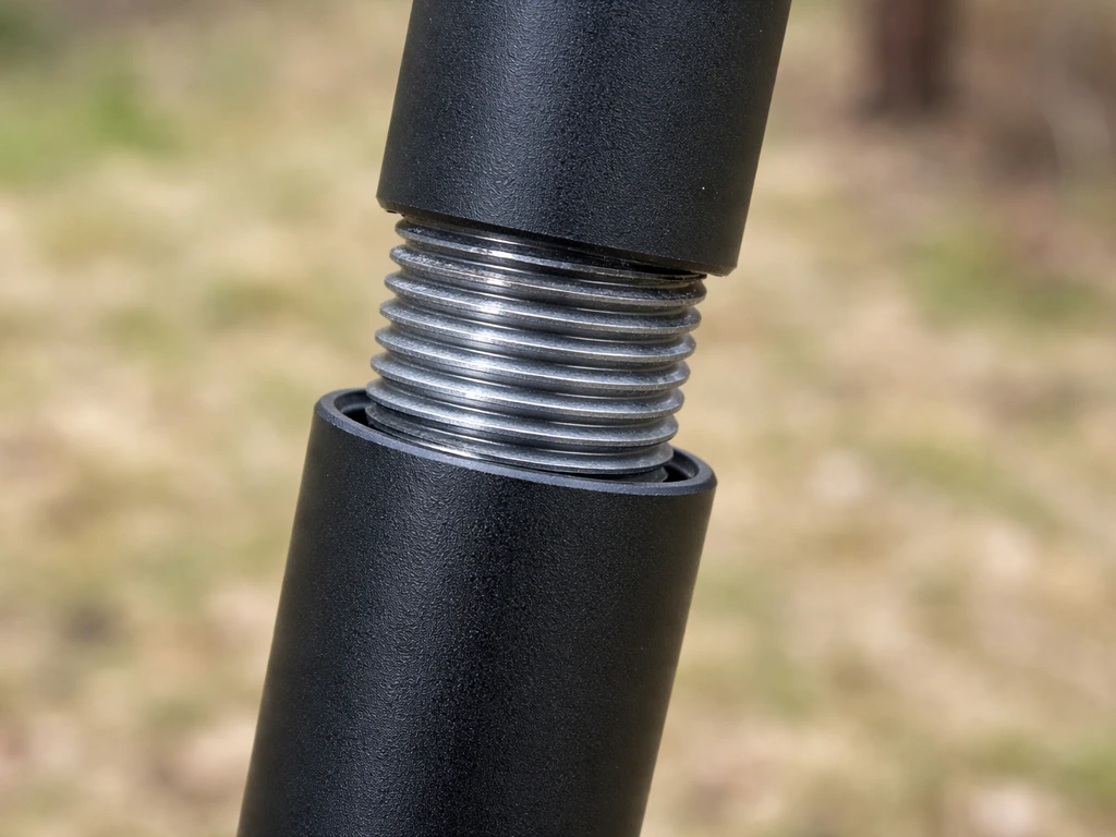 Close-up of bird feeder pole sections joined at the threaded connection with dry lubricant on the threads.