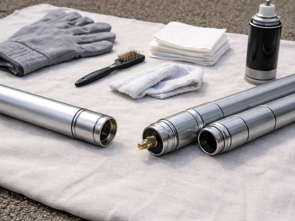 Gloved hands with tools on a clean cloth, pole feeder removed beside greasing-ready parts