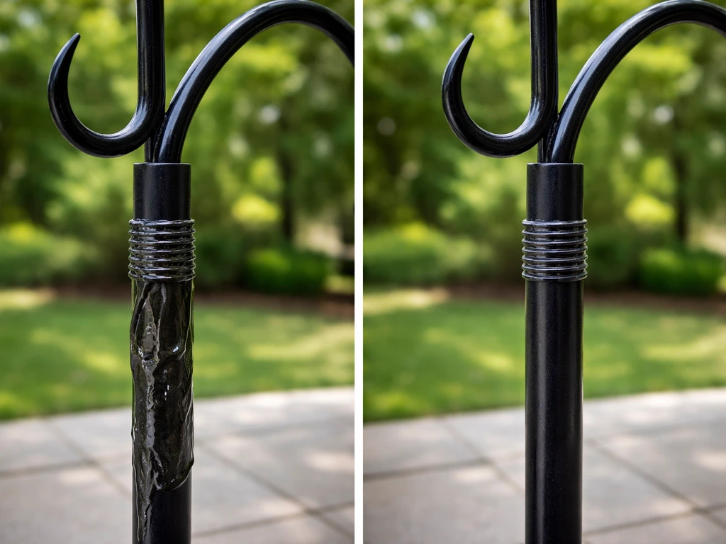 Two bird feeder poles side by side: one shaft smeared with shiny petroleum jelly, the other clean and dry.