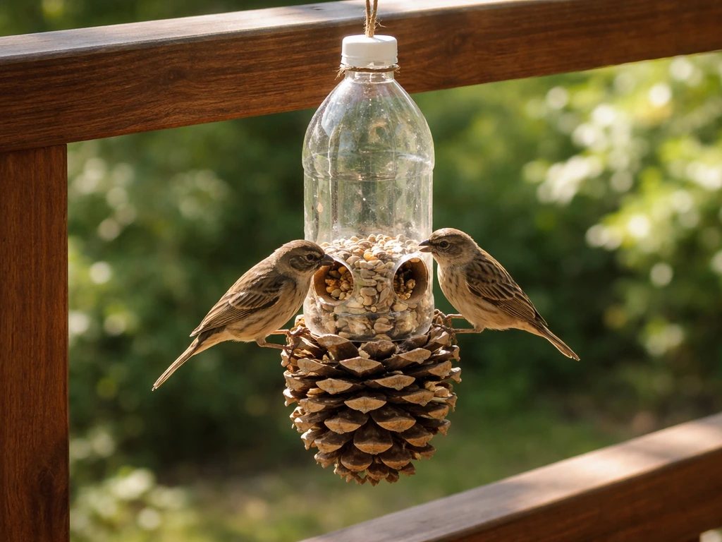 Homemade bottle-and-pinecone bird feeder hanging outdoors with birds feeding from it