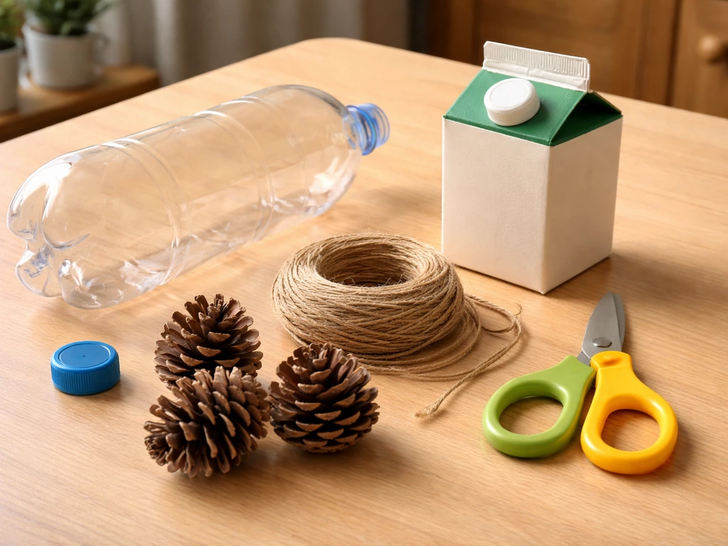 Close-up of rinsed plastic bottle, milk jug, twine, pinecones, and safe tools for DIY bird feeders on a table.