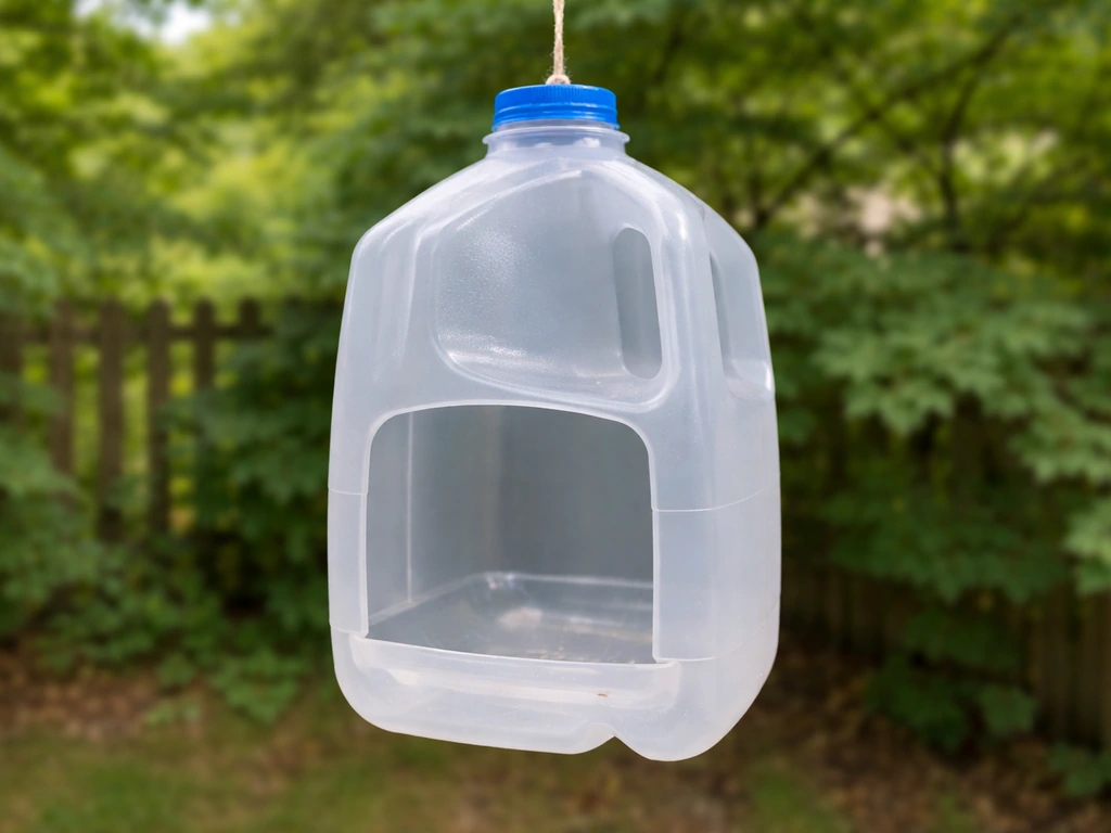 Clear milk jug bird feeder with a large entrance and lower step area, hanging outdoors
