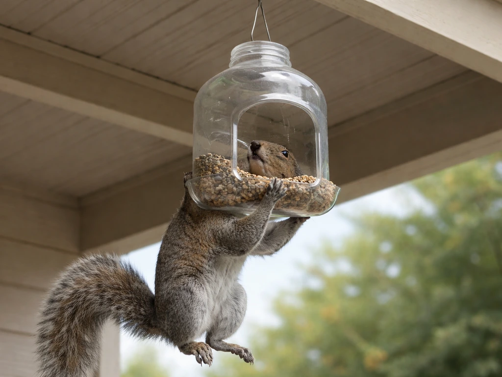 Grey squirrel climbing a hanging bird feeder, with a simple baffle-less setup on a porch.