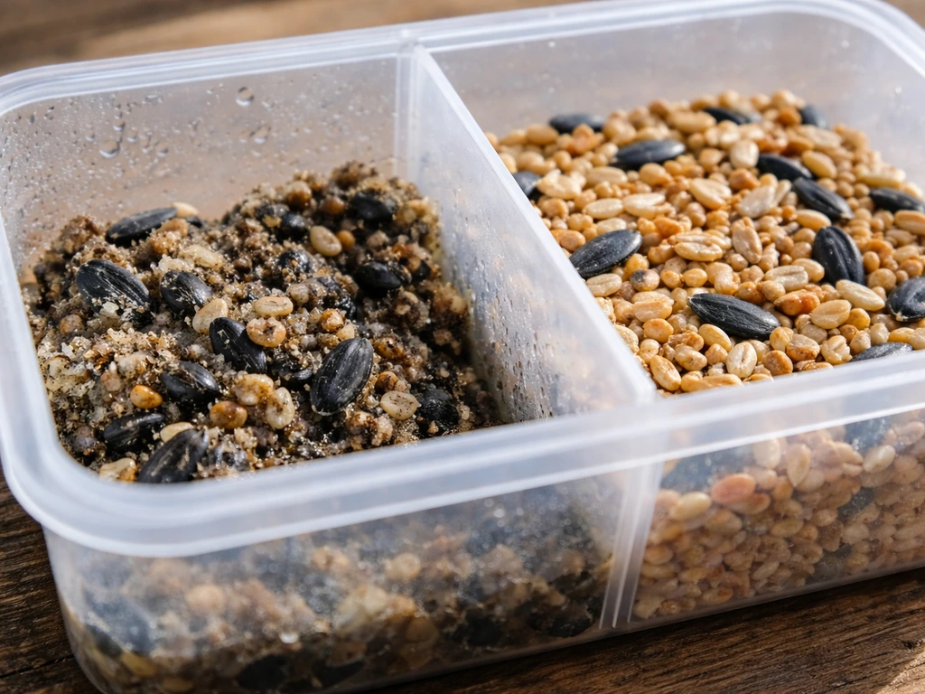 Split view of damp/moldy birdseed beside clean dry seed and a wet vs dry feeder compartment