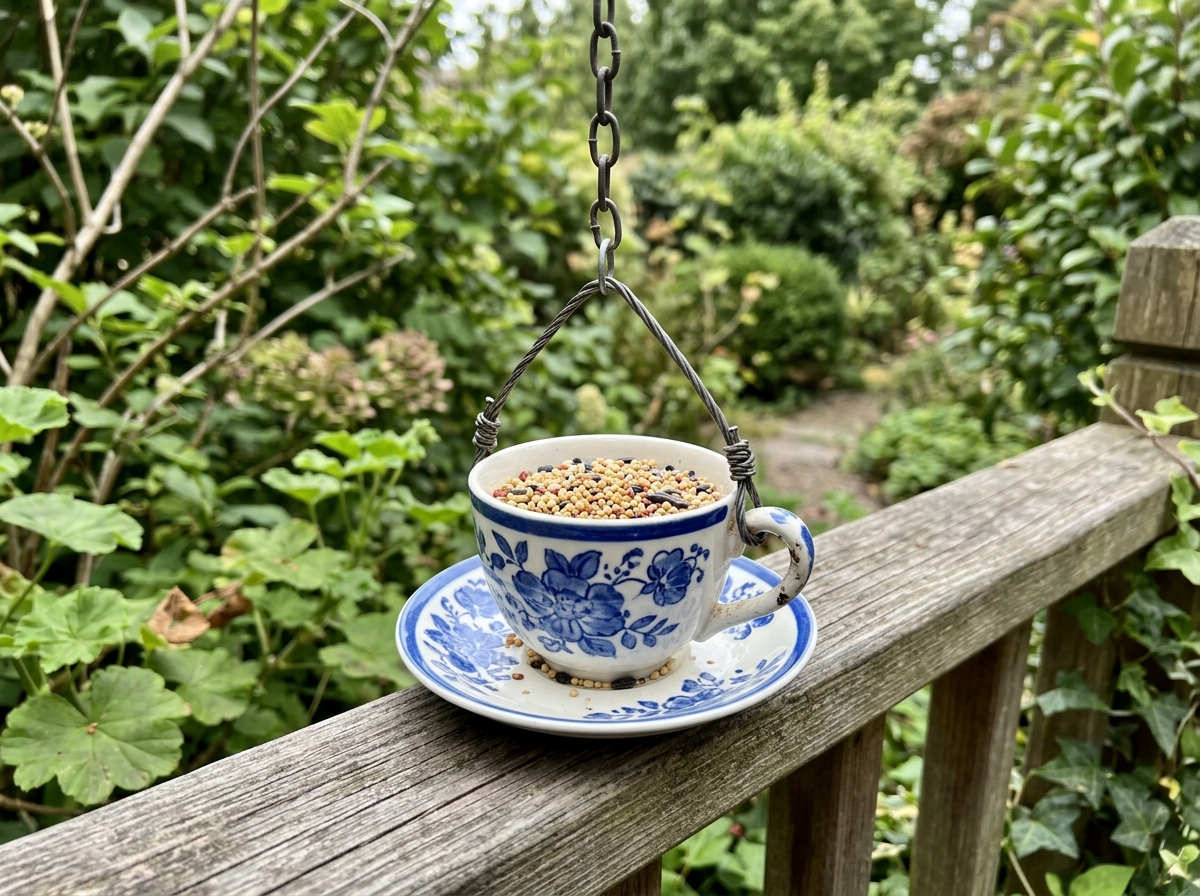 Ceramic teacup and saucer DIY feeder safely set up for birds