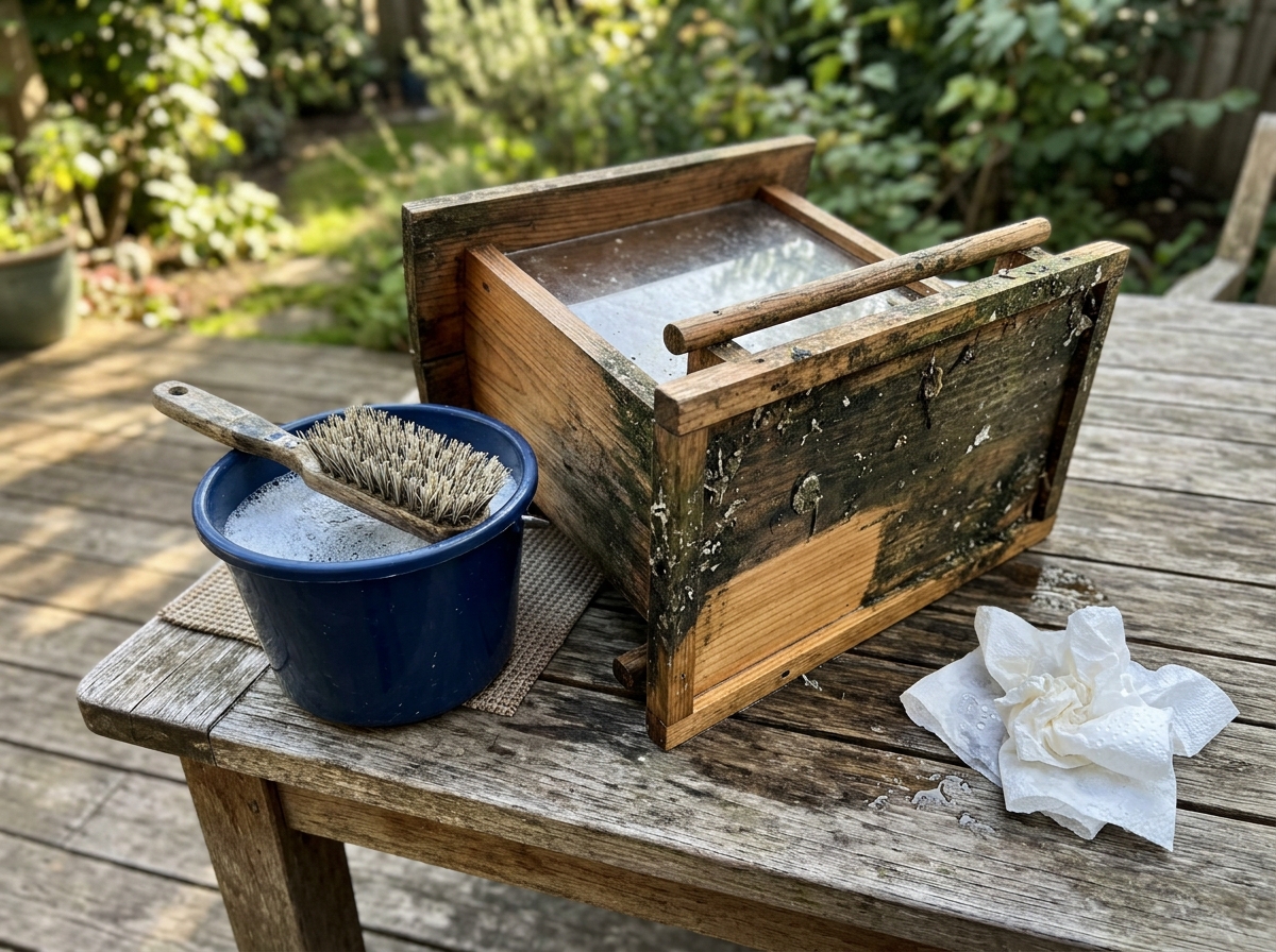 Bird feeder cleaning routine tools and wet/dirty seed evidence