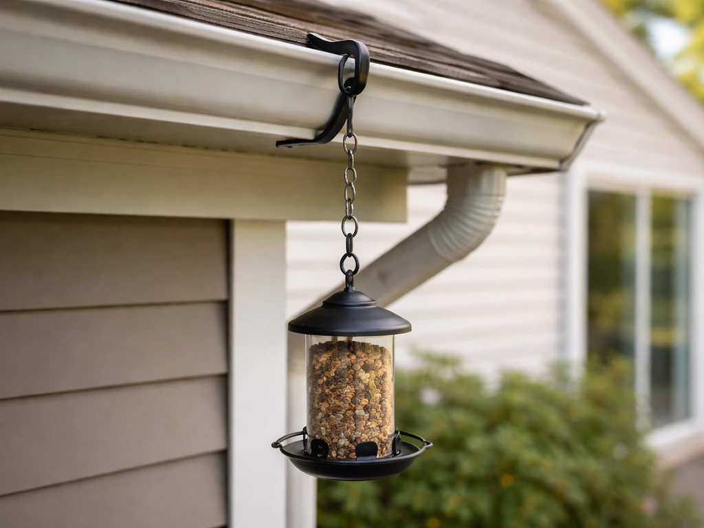 Bird feeder safely hanging from a home gutter using a non-drilling mount and hook.