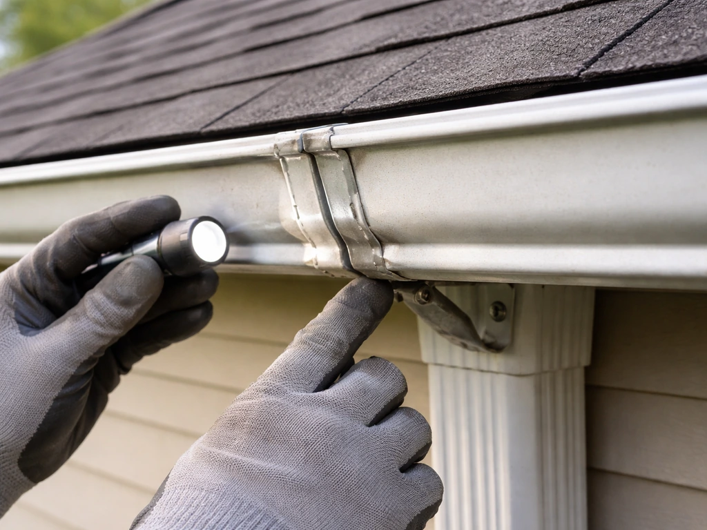 Close-up of an aluminum gutter with visible wear beside a person inspecting cracks near a downspout mount