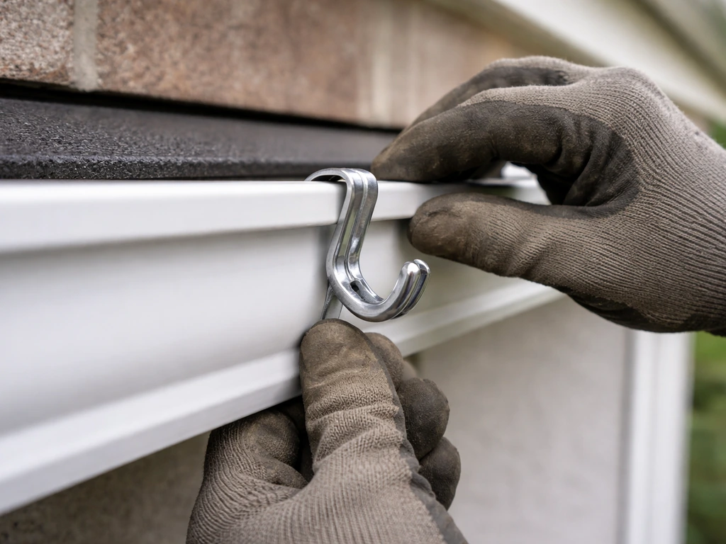 Gloved hands seat a gutter hanger hook over the gutter lip using an existing hanger point, no drilling.