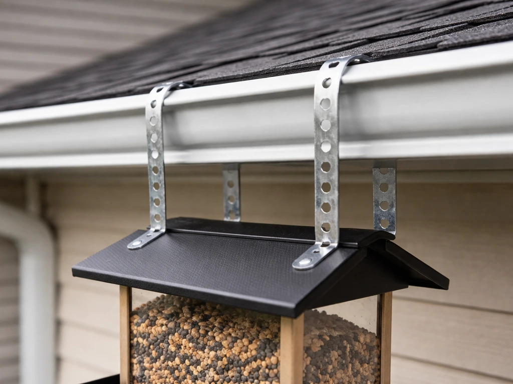Close-up of a galvanized perforated hanger strap looped over a gutter and through the channel holding a hopper feeder