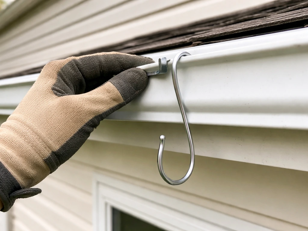 A gutter hook appears slid out of place, with a hand adjusting it to hang level and stable.