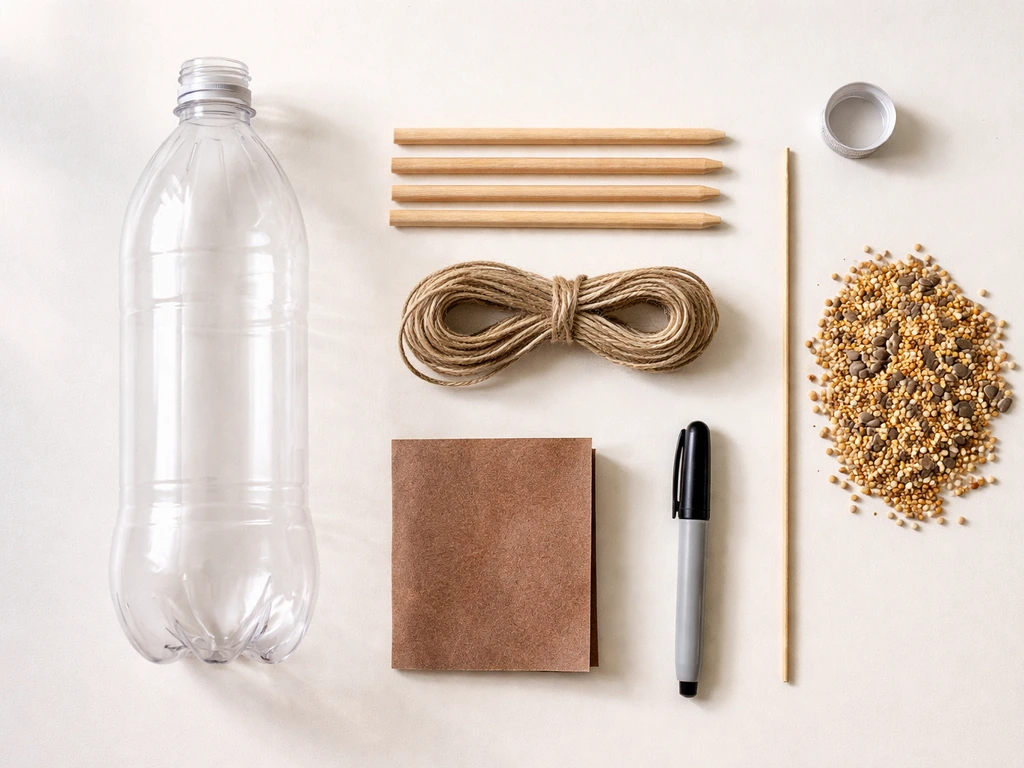Top-down flat lay of materials for a DIY bottle feeder: soda bottle, wood perch, twine, skewer, sandpaper, marker, seed.