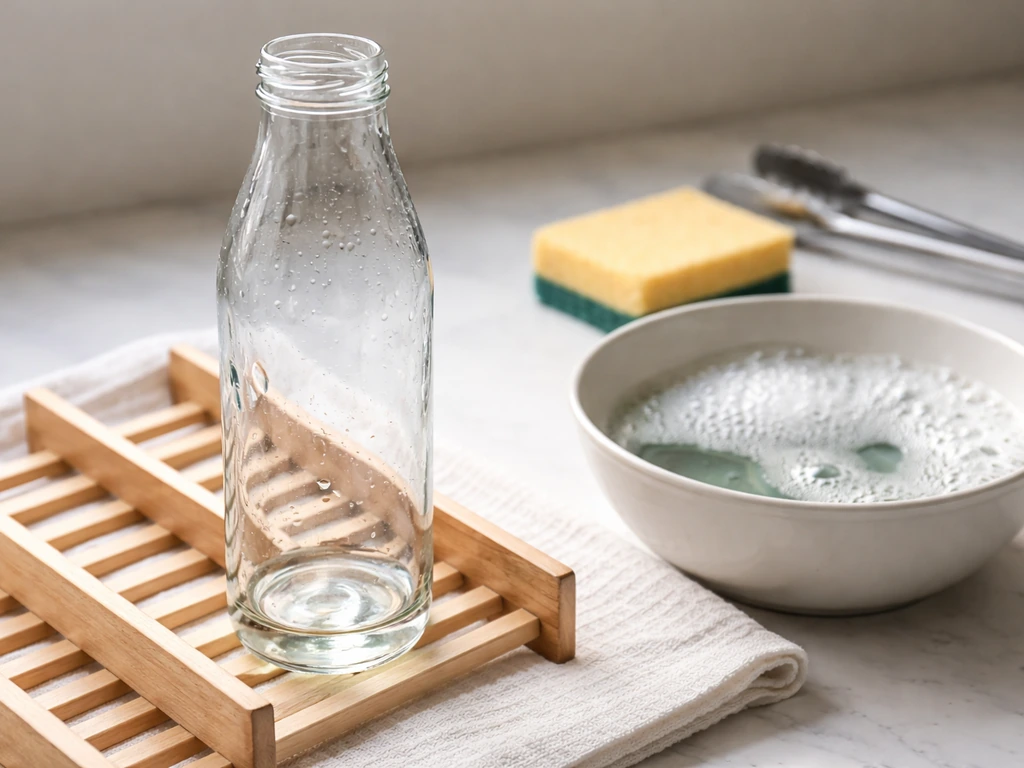 Close-up of a freshly rinsed glass bottle beside hot soapy water, drying on a towel rack