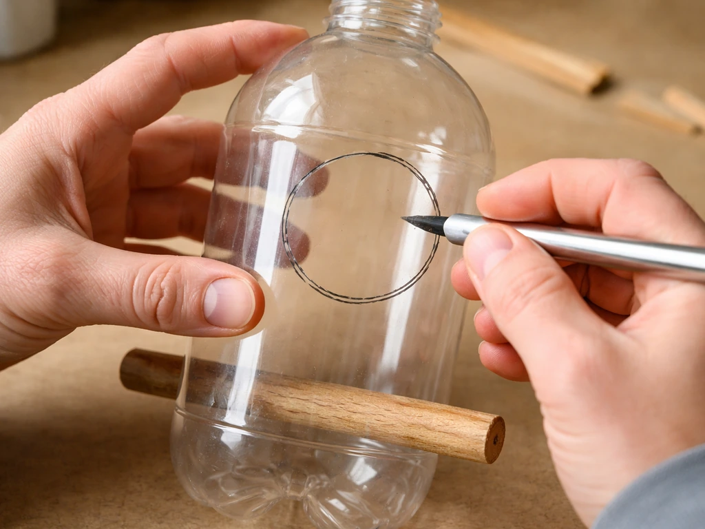 Hand cutting feeding holes in a plastic container, holes placed above a perch level mark