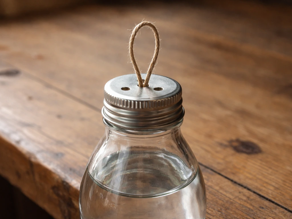 Close-up of a bottle cap with two holes and twine threaded through for a hanging loop