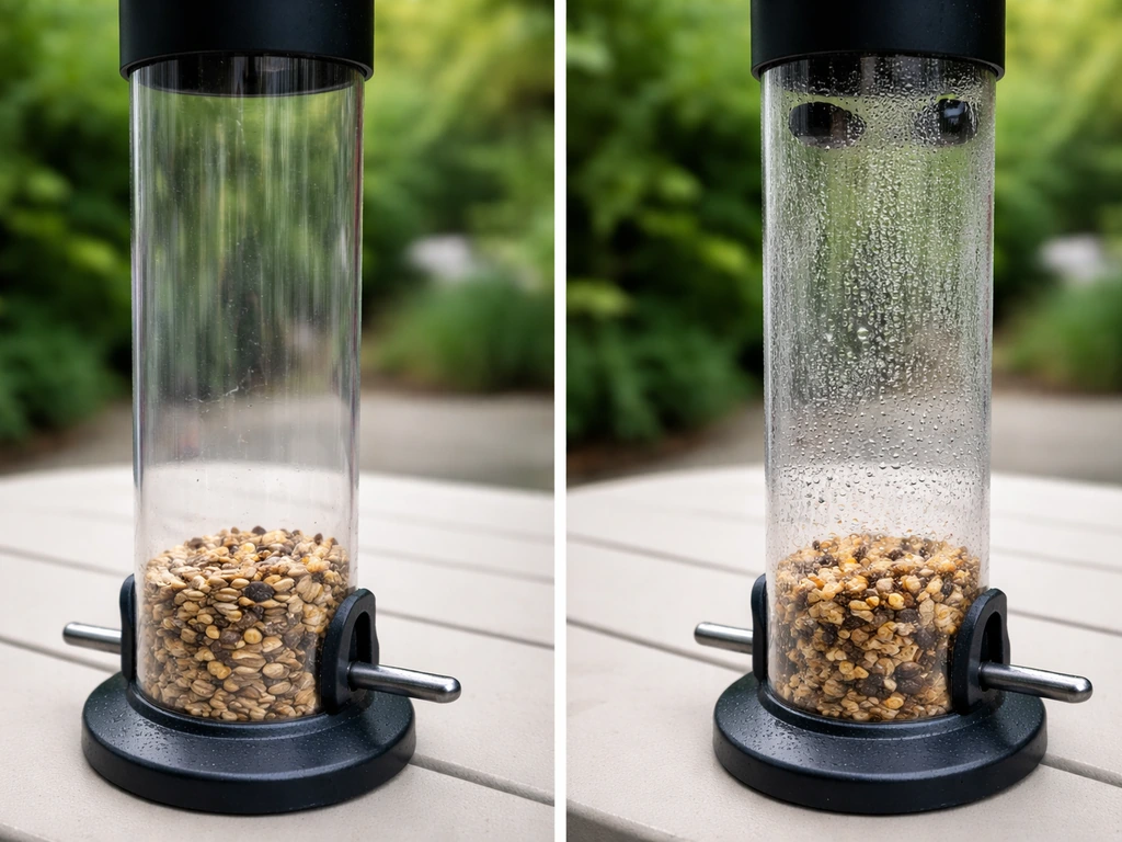 Two clear bottle feeders side-by-side: left dry and clean, right wet with condensation and clumped seed.