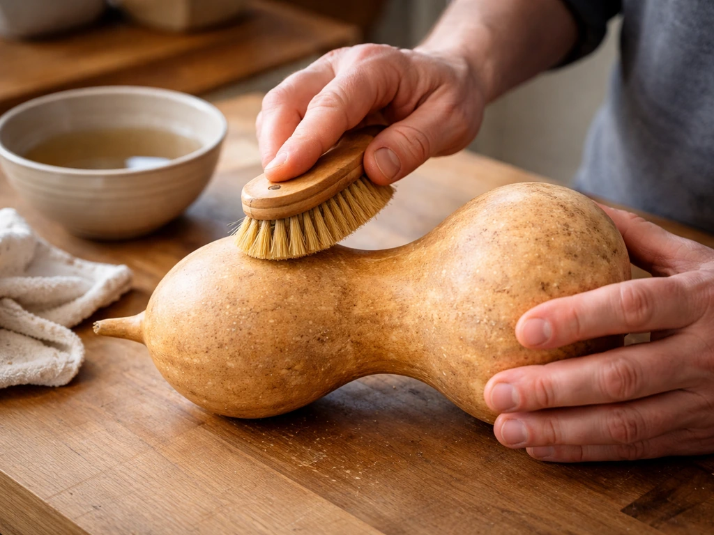 Close-up of hands scrubbing a dried gourd with a stiff brush, warm water nearby before drilling.