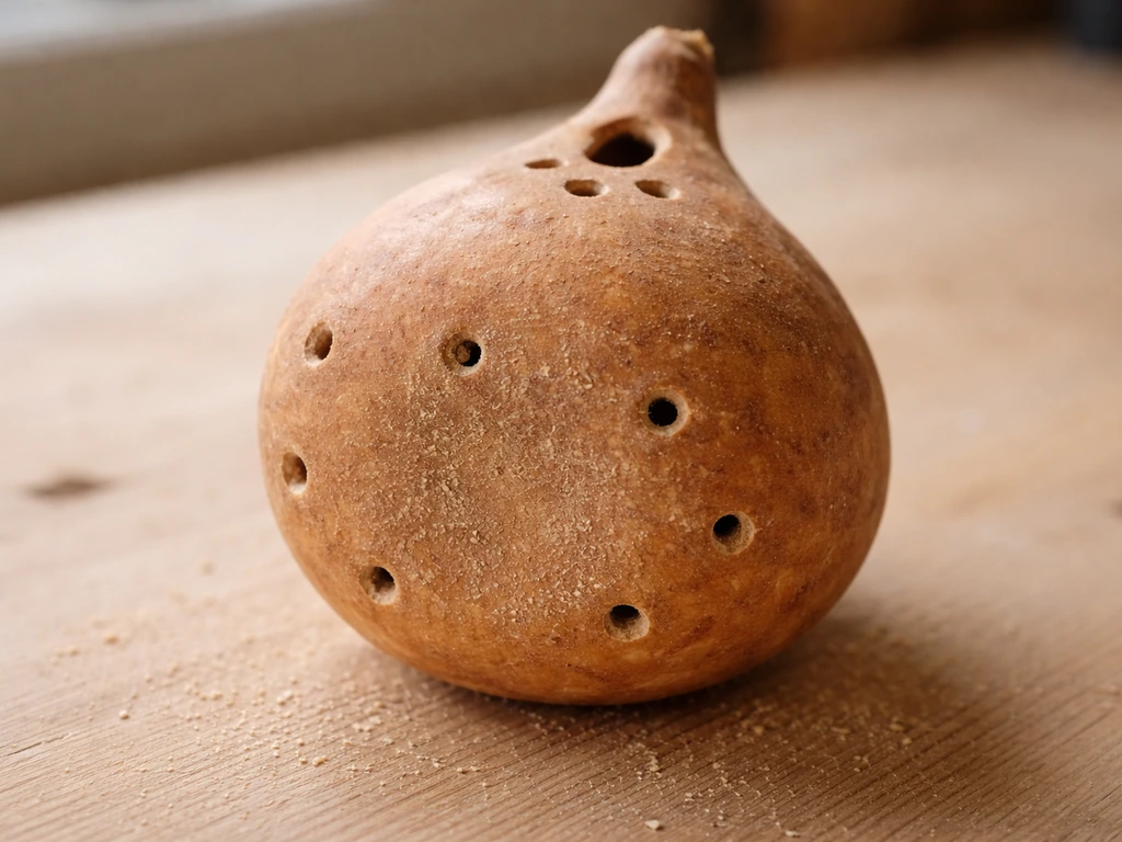 Close-up of a dried gourd bottom with several small drilled drainage holes and visible hanger area.