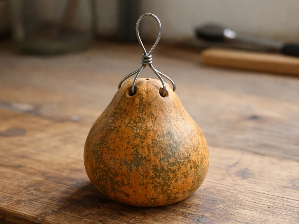 Heavy-gauge wire threaded through drilled gourd holes, twisted into a loop above the gourd